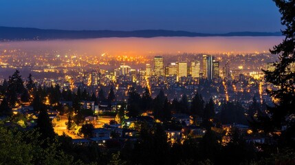 Illuminated Cityscape at Night Featuring Skyscrapers and Residential Area with Dense Tree Coverage During Dusk Under a Foggy Sky