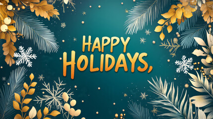 Obraz premium Happy holidays text with snowflakes and golden foliage on a teal colored background design art