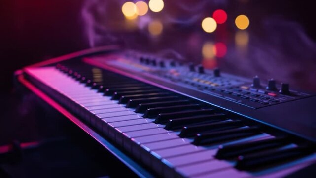 Synthesizer keyboard with pink and purple lighting music performance instrument technology