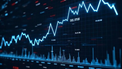 Financial stock market line graph with blue glowing trend line and volume bars on dark digital interface showing market fluctuations and trading data analysis - Powered by Adobe