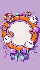 Fototapeta premium かわいいゴーストとキャンディのハロウィンフレーム（ロリポップ付き）