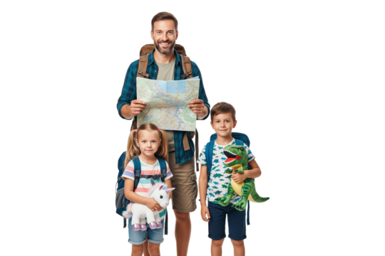 Happy father with his son and daughter holding a map and ready for a family hiking trip. - Powered by Adobe