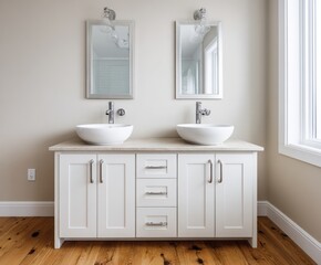 A modern bathroom vanity with double sinks, showcasing clean lines and a light beige color scheme.