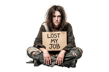 Unemployed and homeless woman holding a cardboard sign that says Lost My Job.