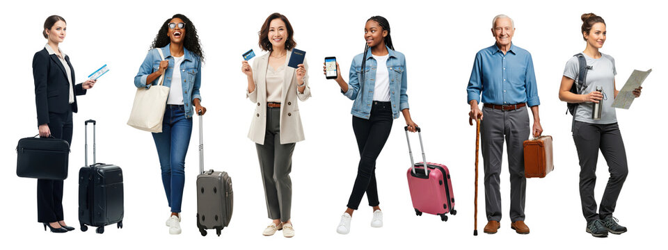 Collage of diverse people of different ages and ethnicities ready for travel.