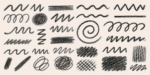 Crayon Scribble Vector Set. Hand-Drawn Chalk And Charcoal Texture Lines, Swirls, And Doodle Elements