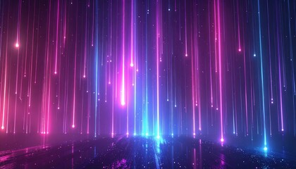 Vibrant Neon Light Streaks Descending onto a Reflective Ground, Illuminating a Futuristic Digital Space with Dynamic Pink and Blue Hues