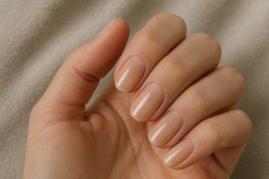 Natural manicure with glossy short almond nails in minimalist beige shades closeup.