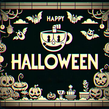 Happy Halloween text in rubber hose cuphead style