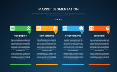 market segmentation infographic template with creative header table with footer dark background style with 4 point for slide presentation