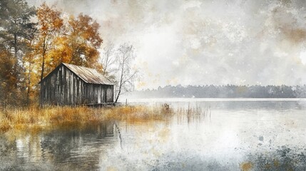 A weathered wooden cabin sits lakeside in an autumnal scene with trees, reflecting in calm water beneath a hazy, cloudy sky