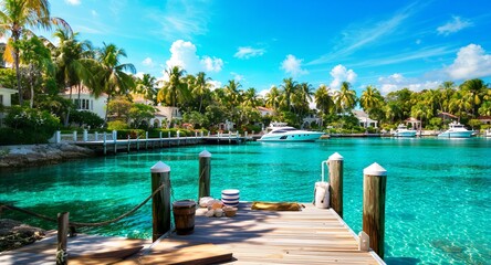 Tropical Island Dock with Boats and Lush Vegetation
