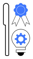 Pen, blue badge, and light bulb with gear evoke creativity, achievement, and innovation. Ideal for education, productivity, success, invention teamwork problem-solving simple flat metaphor