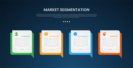 market segmentation infographic template with callout box square on horizontal direction dark background style with 4 point for slide presentation