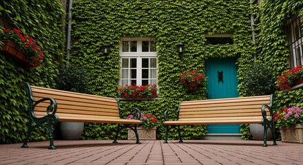 Two wooden benches facing each other in a courtyard with lush green foliage and flowers