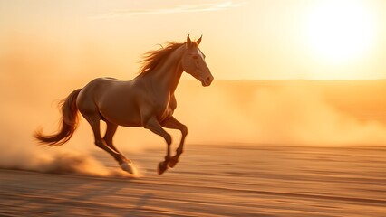 Majestic horse running through golden desert dust under a warm sunset, capturing dynamic motion.