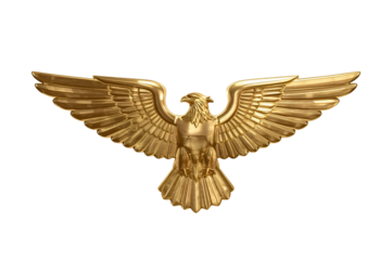 Golden eagle statue, wings spread, dark background, emblem, design