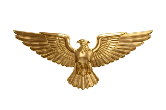 Golden eagle statue, wings spread, dark background, emblem, design