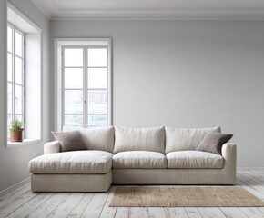 Fototapeta premium A neutral-toned living room features a large linen sectional sofa, showcasing a relaxed and modern aesthetic.