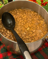 A pot of cooked pinto beans.