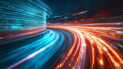 Digital data flow on road with motion blur to create vision of fast speed transfer