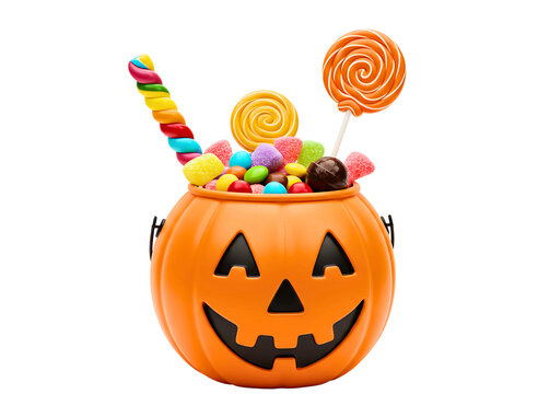 Halloween pumpkin bucket overflowing with colorful candies and lollipops isolated on transparent background