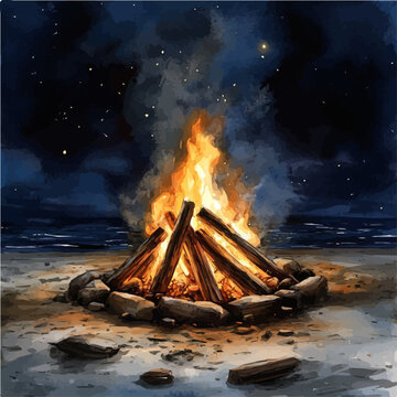 Bonfire On Summer Night, watercolor illustration vector, isolated on a white background.