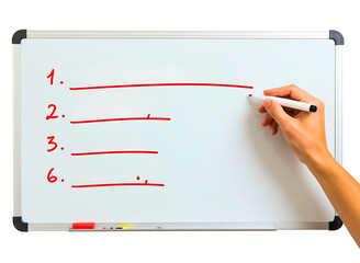 Hand writing a list on a whiteboard isolated on transparent background