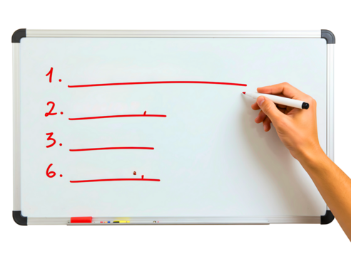Hand writing a list on a whiteboard isolated on transparent background