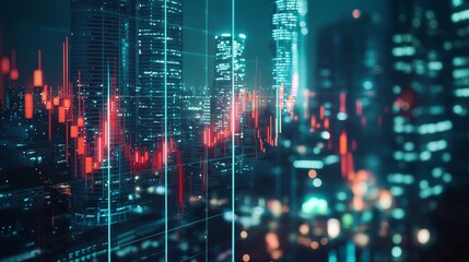 Growing candlestick charts with business statistics on night city background. Trade and investment concept. Multiexposure