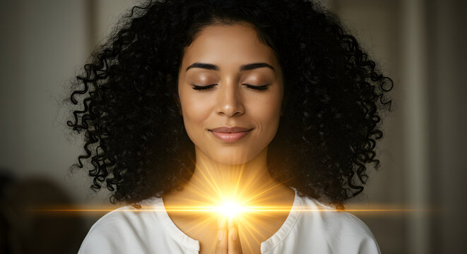 Peaceful woman meditating with hands clasped, glowing light emanating from heart, symbolizing inner energy and spiritual well-being.