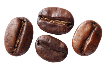 Four coffee beans arranged in a loose cluster.  Dark brown, ovals, showing natural texture and slight ridges.  Isolated on black background
