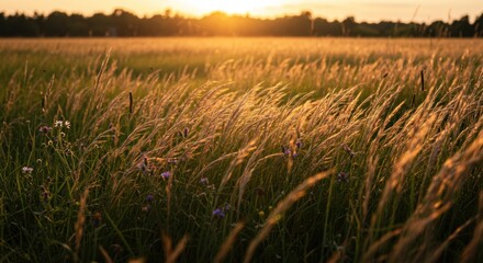 Golden field of grass and wildflowers at sunset backlit by sun