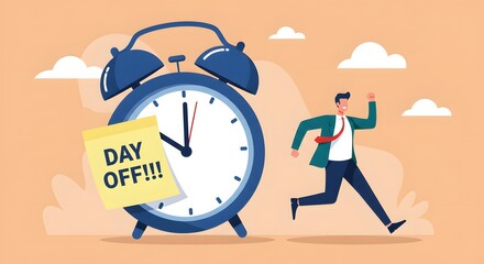 Happy Man Running Towards Day Off with Alarm Clock Time Management