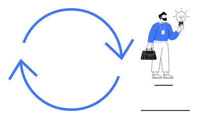 Circular arrows signify a recurring process. Businessman holding lightbulb highlights innovation, solutions, and creativity. Ideal for teamwork, process improvement, learning, growth, brainstorming