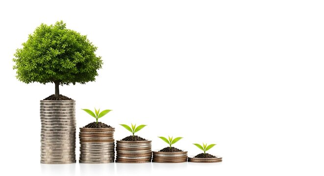 A mature tree atop a stack of coins, with smaller plants on decreasing coin stacks, isolated on white background