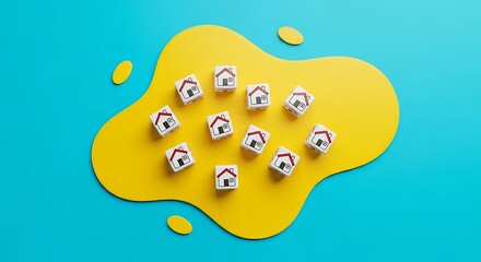 A group of miniature house models are arranged on a yellow surface against a blue background, representing real estate, property, and home ownership