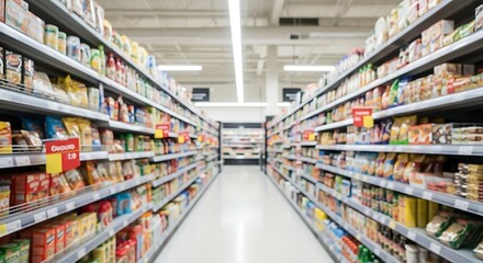 Aisles are filled with products on shelves in a supermarket, offering a wide variety of food and household items for customers to purchase