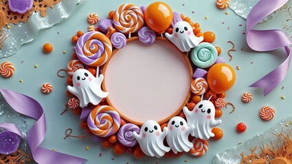 可愛いおばけとカラフルキャンディのハロウィンリース © neneru