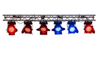 Stage lighting rig with colorful spotlights isolated on transparent background