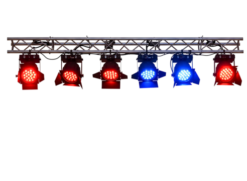 Stage lighting rig with colorful spotlights isolated on transparent background