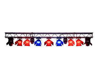 Stage lighting rig with colorful spotlights isolated on transparent background