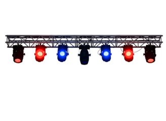 Stage lighting rig with colorful spotlights isolated on transparent background