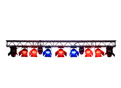 Stage lighting rig with colorful spotlights isolated on transparent background