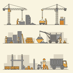 Construction Workers Building a Structure Using Heavy Equipment and Machinery