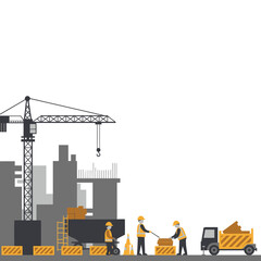 Construction Workers on a Building Site with Crane