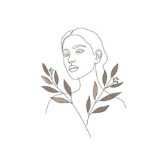 Line Art Portrait of a Woman with Brown Leaves