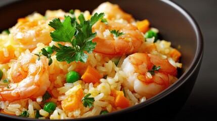 Shrimp Fried Rice with Peas and Carrots in Black Bowl