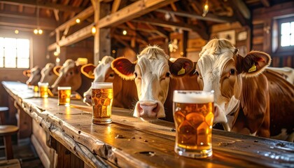 A rustic bar scene featuring cows enjoying drinks alongside glasses of beer on a wooden counter.
