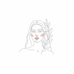 Line Art Portrait of a Woman with Leaves